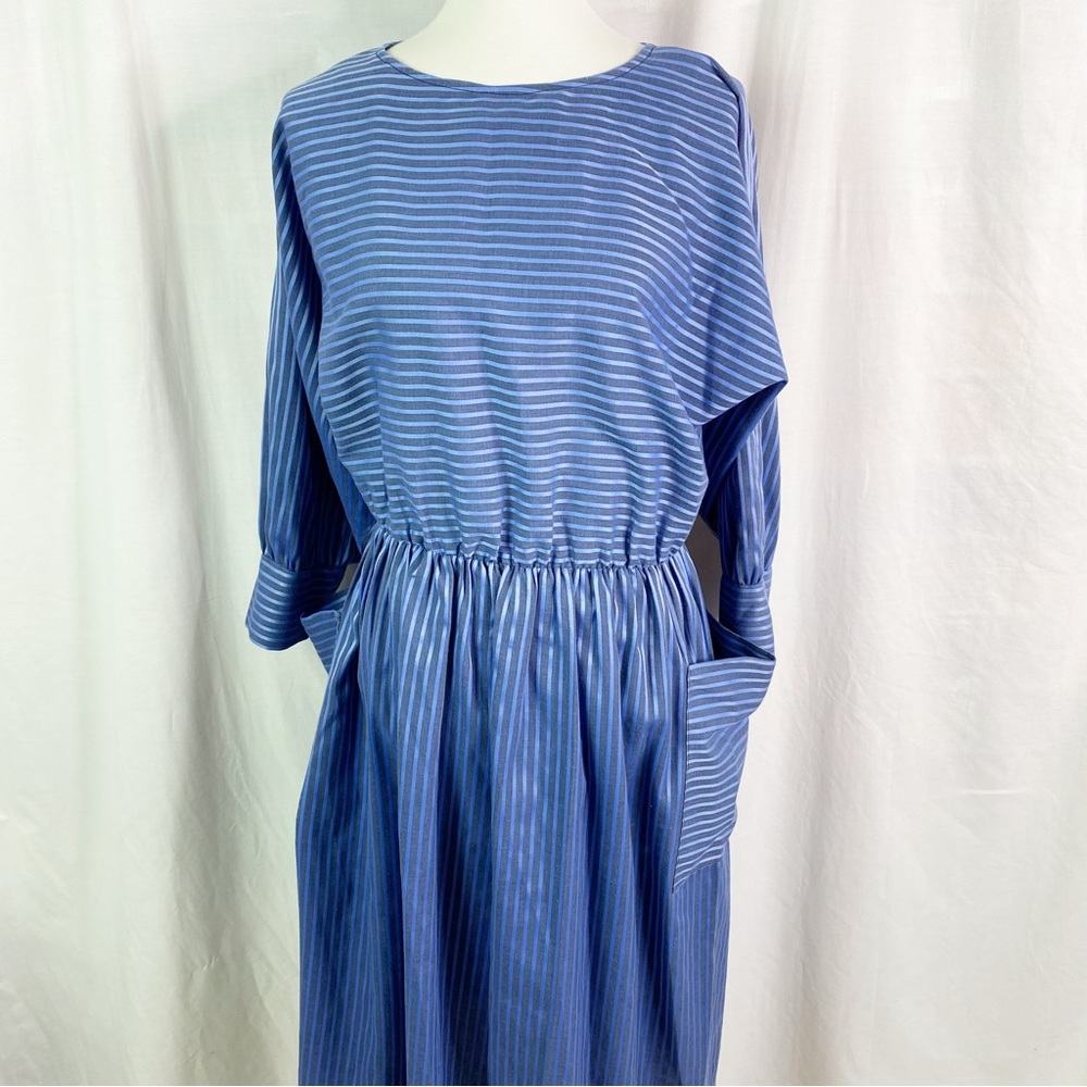 Vintage 80s Blue Contrasting Stripe Back Button Dress Med